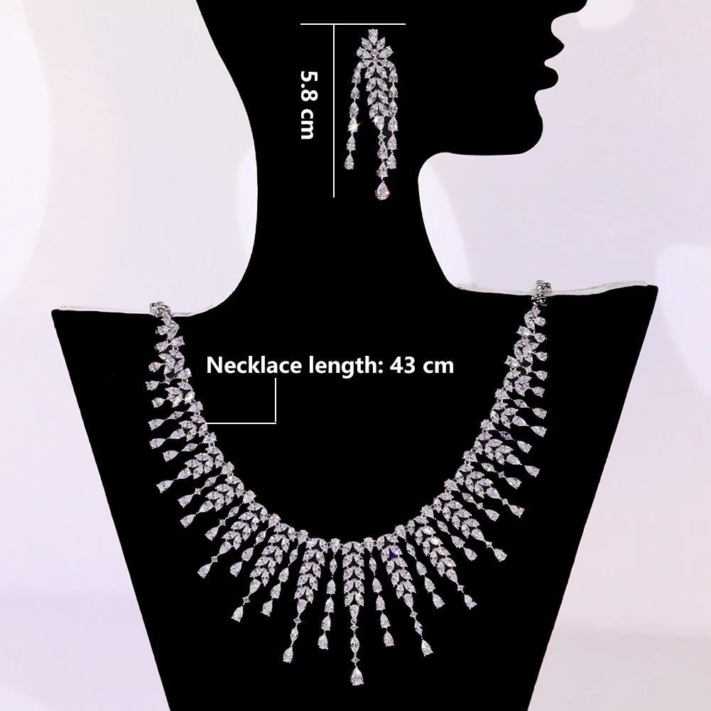 Platinum Plated Fringe Zirconia Necklace Earrings Set