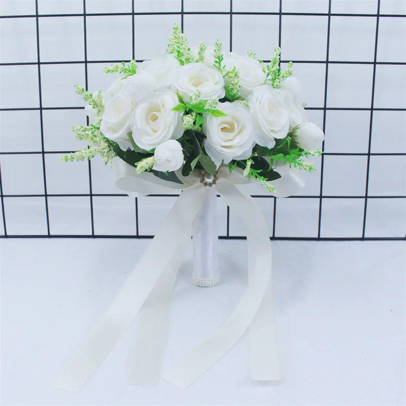 White Silk Roses Artificial Wedding Bouquet
