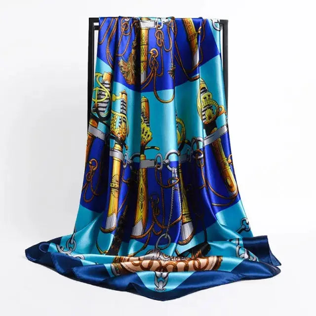 Blue Hue Gold Chain Print Large Satin Scarf - Satin & Sox