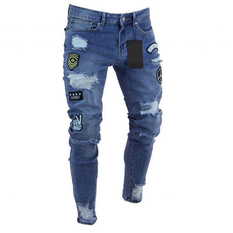 Men's Ripped Distressed Jeans with Emblems - Satin & Sox