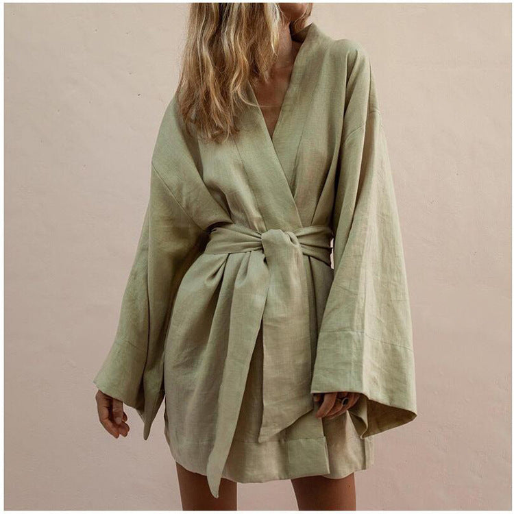 Cotton and linen oversized shirt with belt tie - Satin & Sox