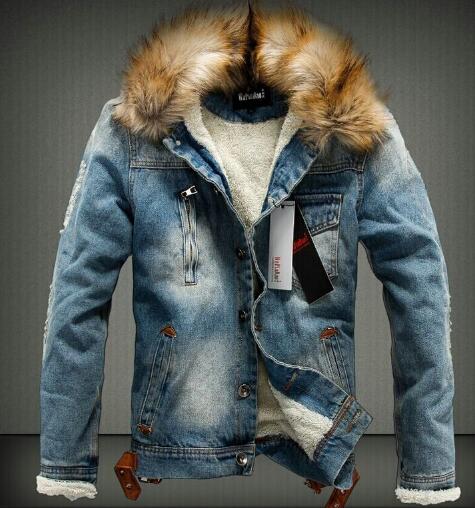 Men Thick Style Denim Coat with Faux Fur Collar - Satin & Sox