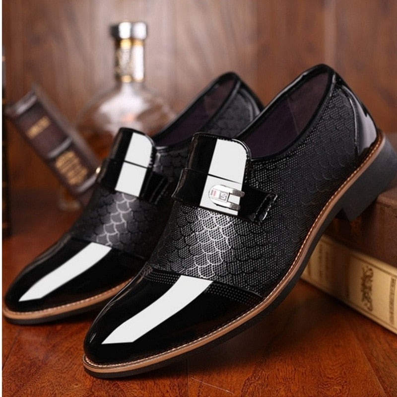Men's PU Patent Leather Shoes with Designer Print and Buckle Details - Satin & Sox