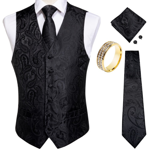 Men's satin waistcoat and tie set Black Paisley - Satin & Sox