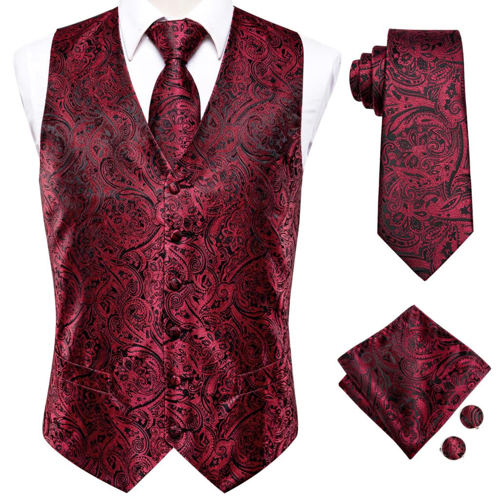 Men's satin waistcoat and tie set Black and Burgundy Paisley - Satin & Sox
