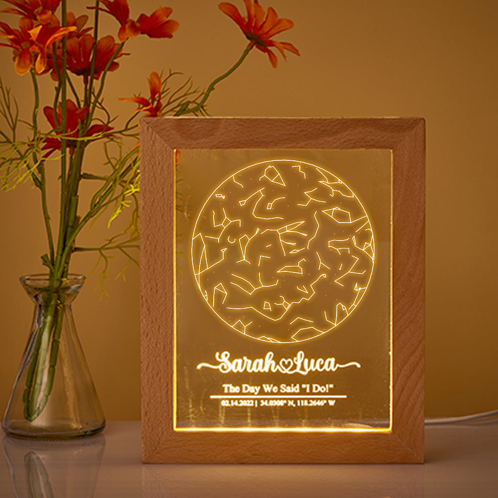 Custom Engraved Star Constellation Night Light with Wood Frame