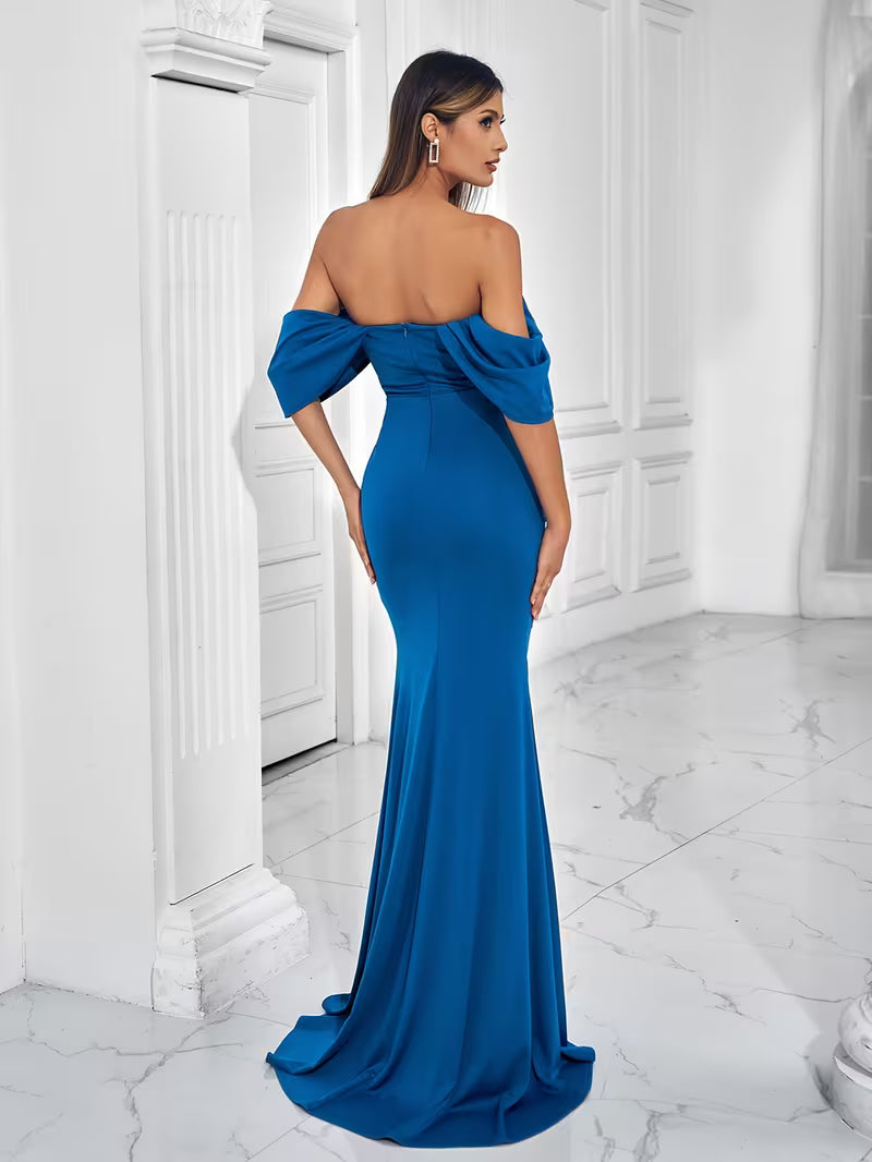 Elegant Off-Shoulder Ruched Maxi Gown with High Slit – Ocean Blue