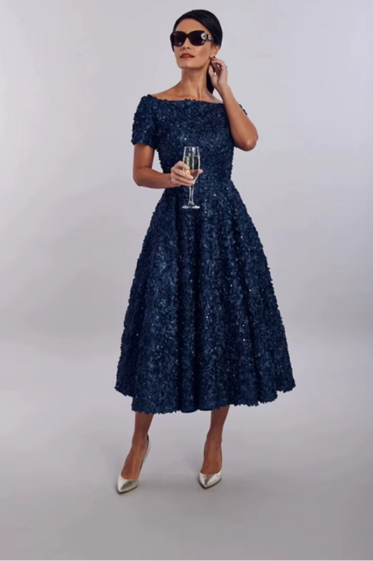 Elegant Navy Blue Lace Mother Dress – Short Sleeve A-Line Wedding Guest Gown