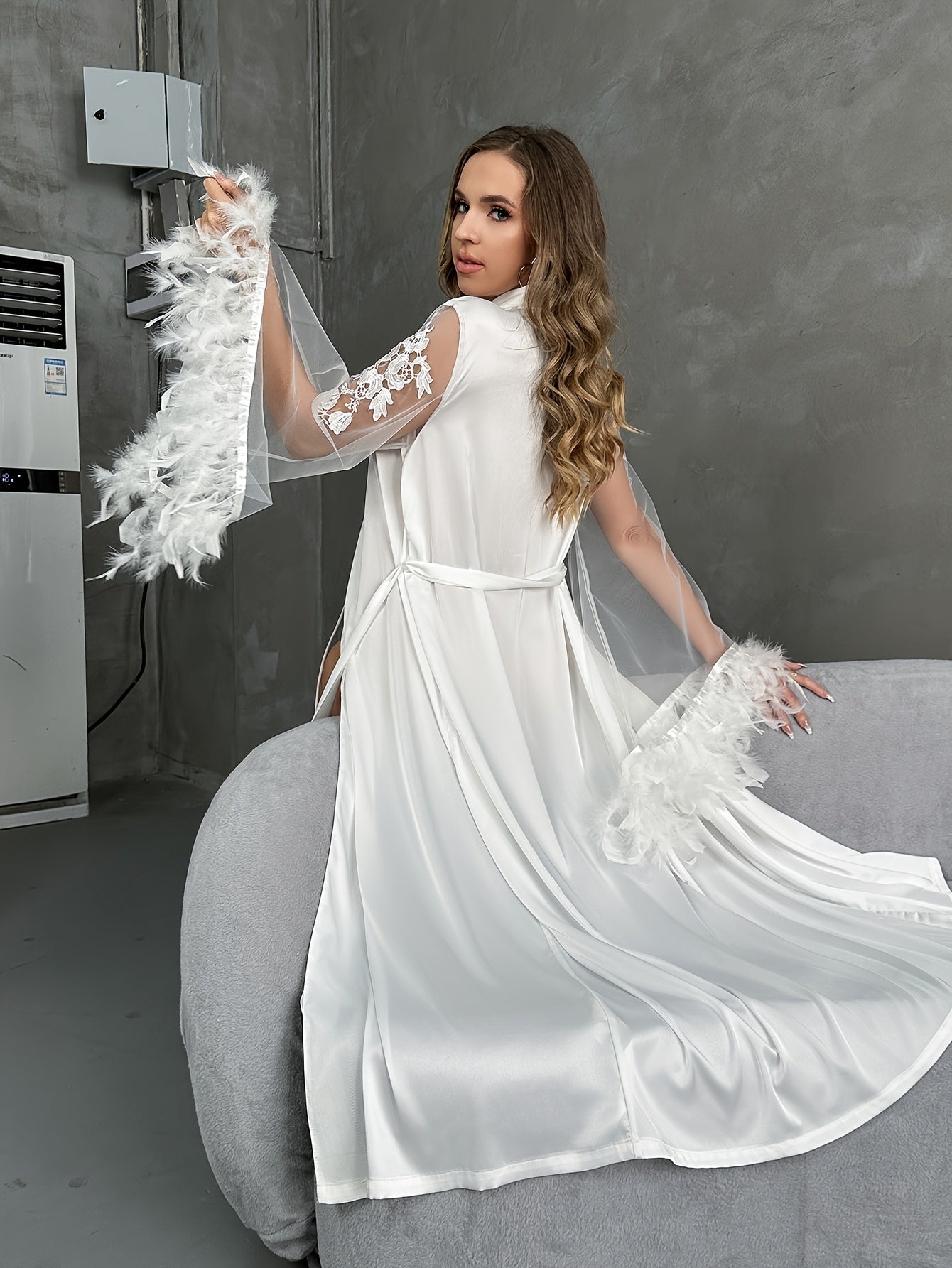 Elegant White Satin Robe with Lace Sleeves and Belted Waist
