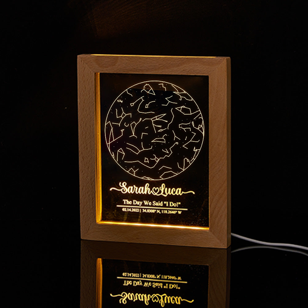 Custom Engraved Star Constellation Night Light with Wood Frame