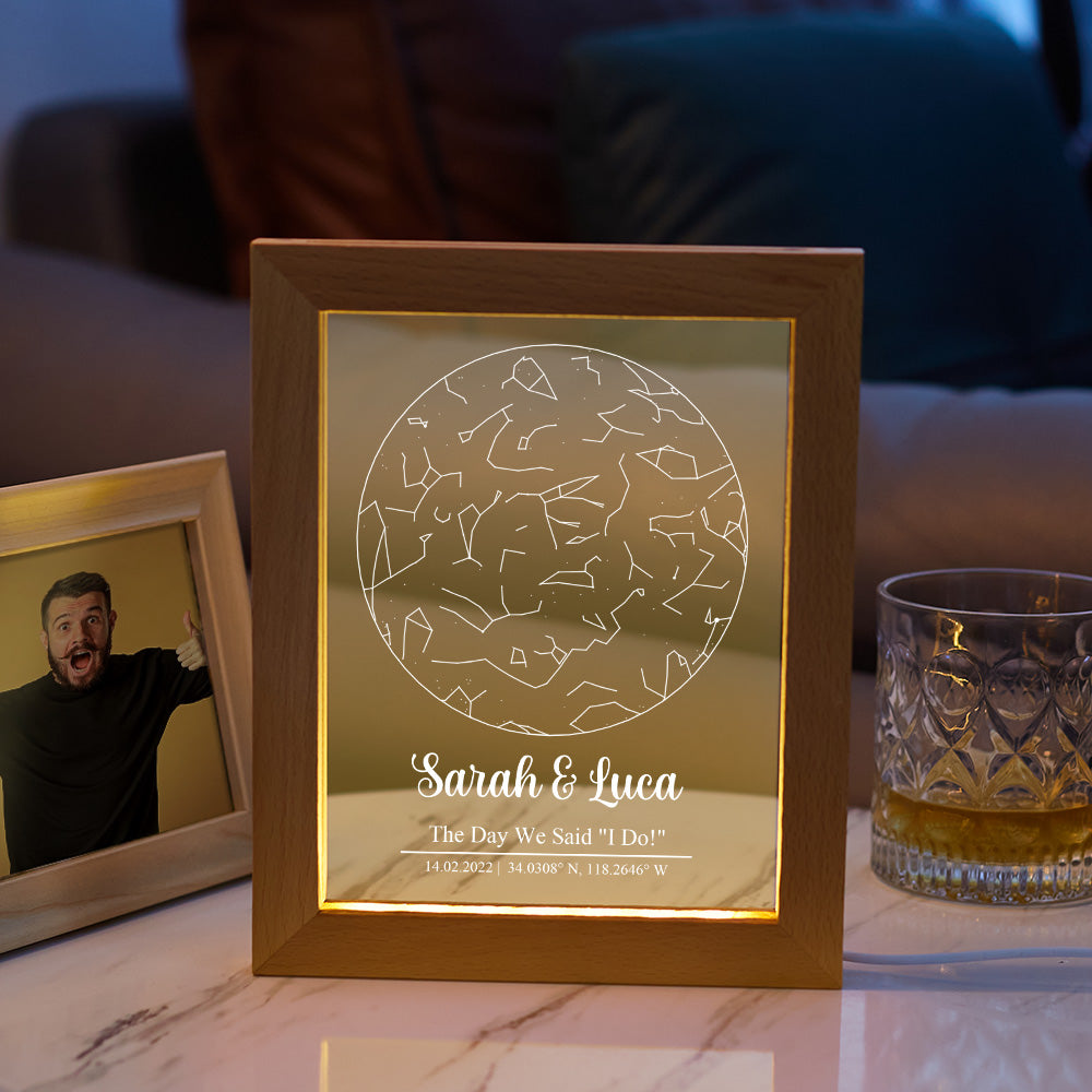 Custom Engraved Star Constellation Night Light with Wood Frame