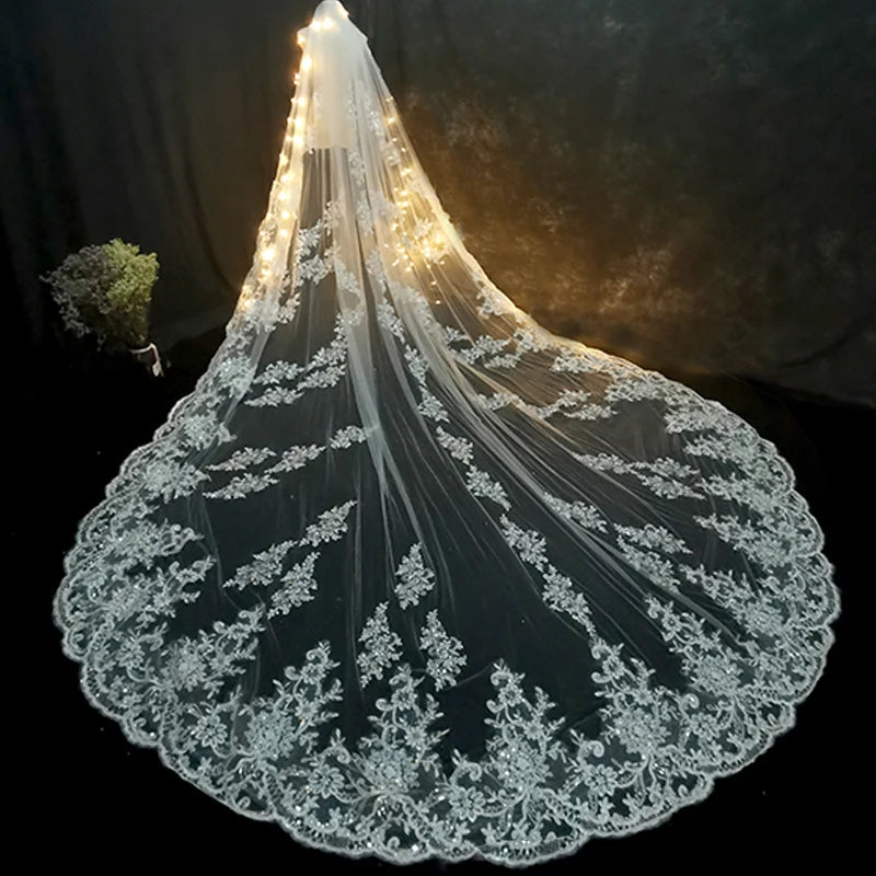 Luxury Bridal Veil With Comb Lace Edge Applique