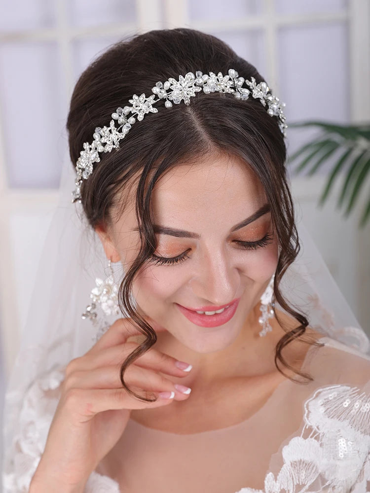 Silver Tiara Wedding Headdress Floral Pearl