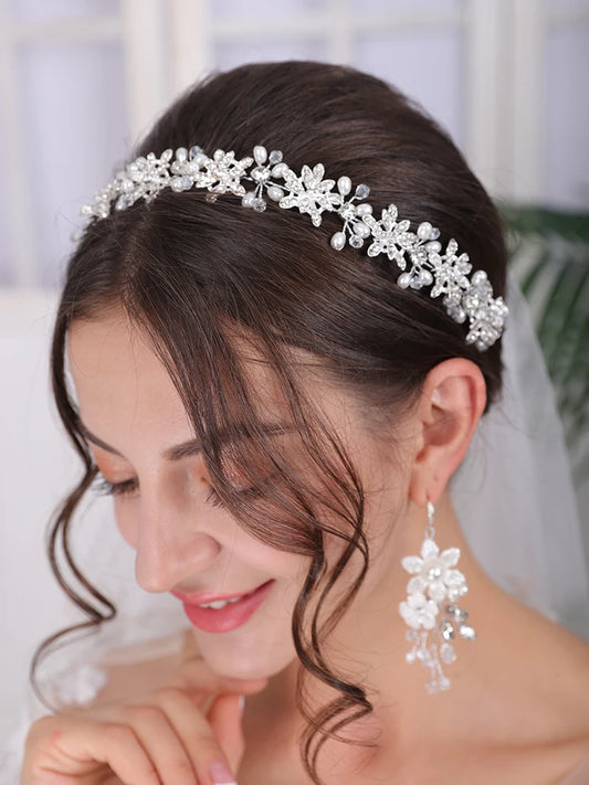 Silver Tiara Wedding Headdress Floral Pearl