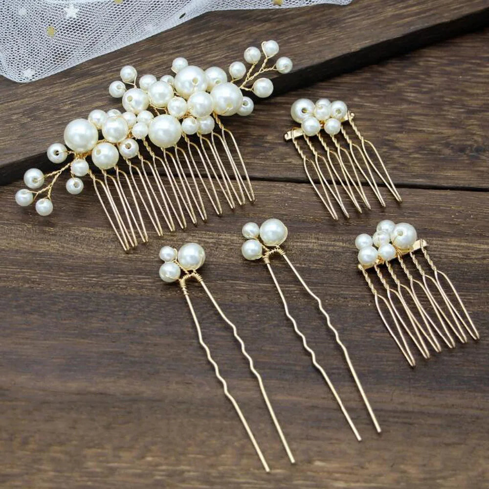 Bridal Pearl Hair Pins Clips and Comb 5pcs