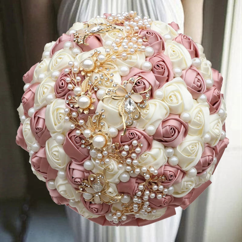 Luxury Diamond Pearl Silk Rose Handmade Bridesmaid Bouquet