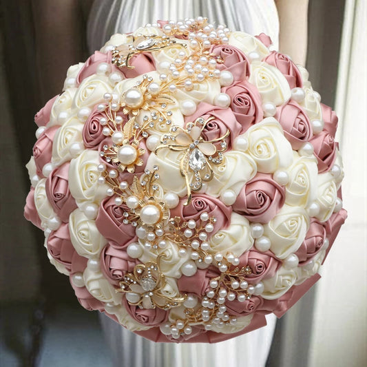 Luxury Diamond Pearl Silk Rose Handmade Bridesmaid Bouquet