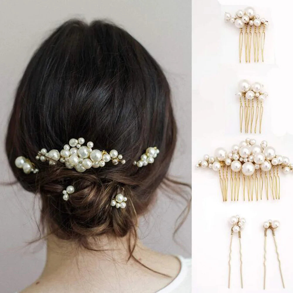 Bridal Pearl Hair Pins Clips and Comb 5pcs