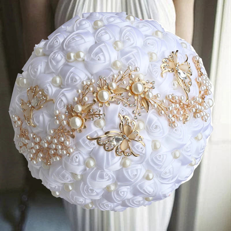 Luxury Diamond Pearl Silk Rose Handmade Bridesmaid Bouquet