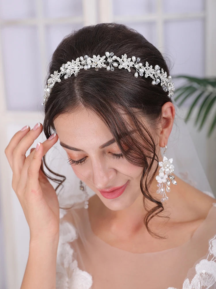 Silver Tiara Wedding Headdress Floral Pearl