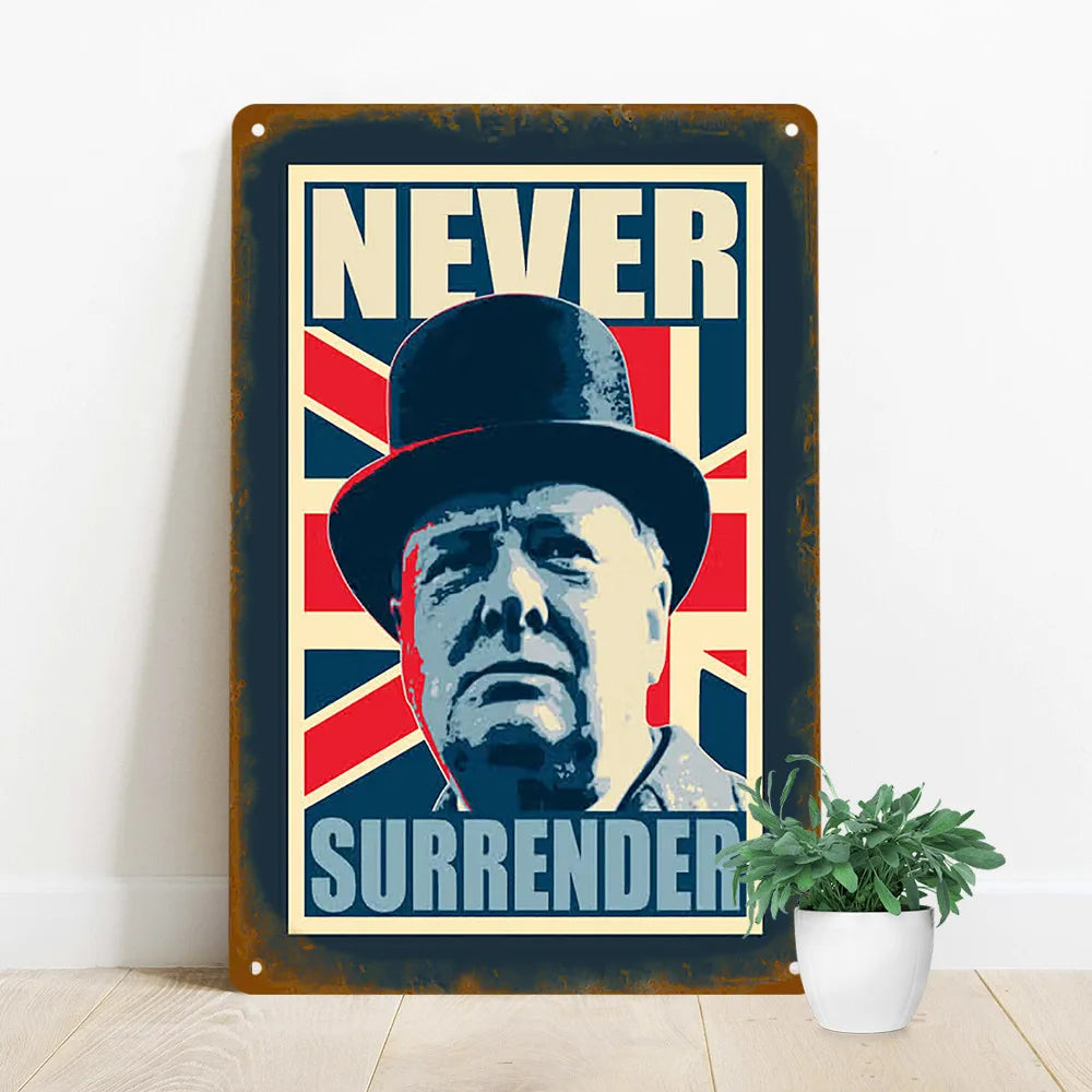 2D Flat,  Vintage Churchill Style "Never Surrender" Aluminum Wall Art - Rustic Metal Poster with British Flag Design