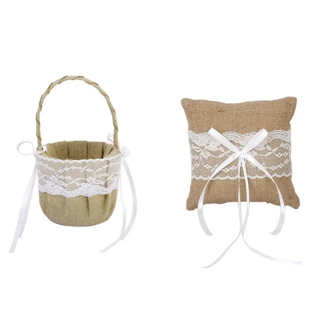 Ring Bearer Pillow and Flower Basket with Lace Flower Trim