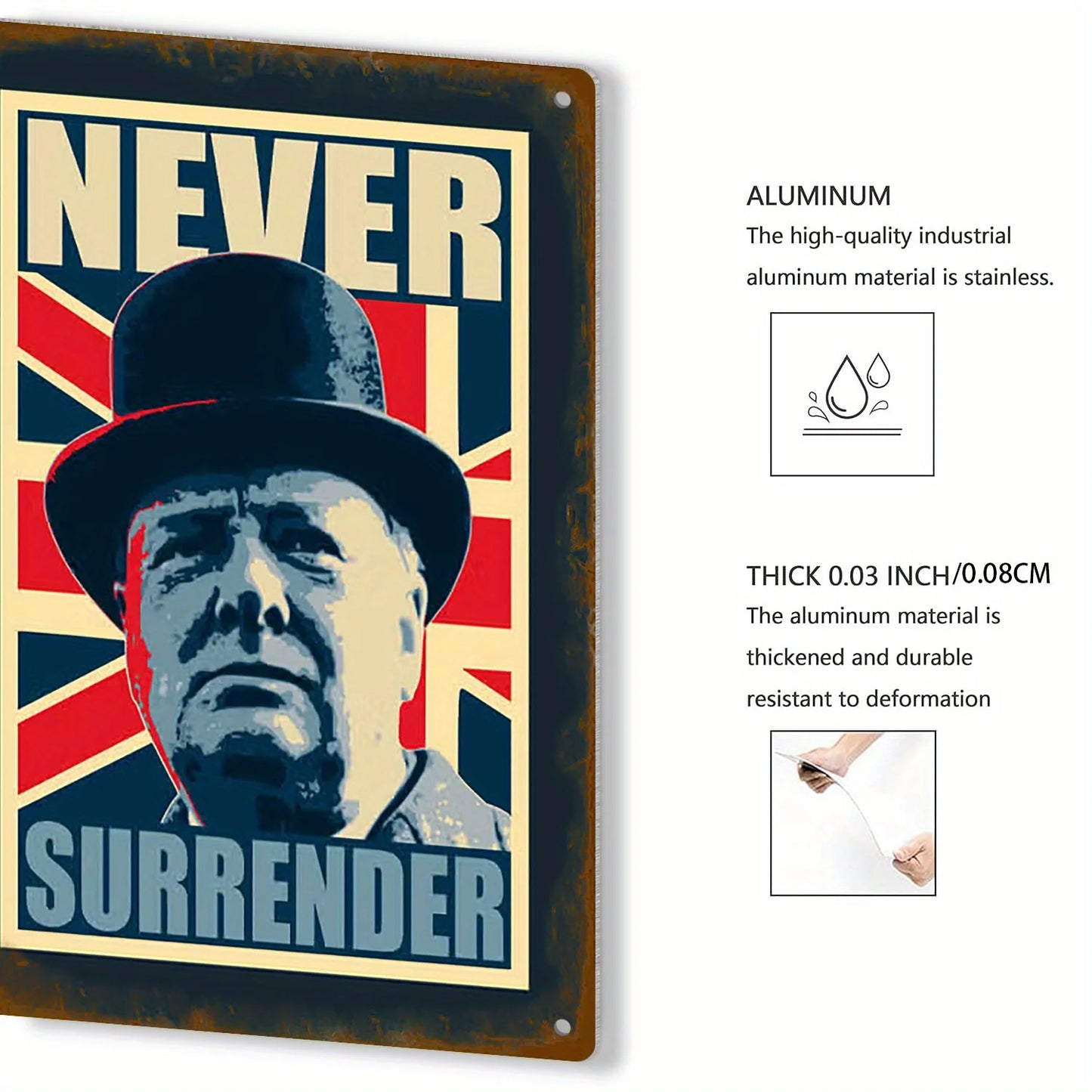2D Flat,  Vintage Churchill Style "Never Surrender" Aluminum Wall Art - Rustic Metal Poster with British Flag Design