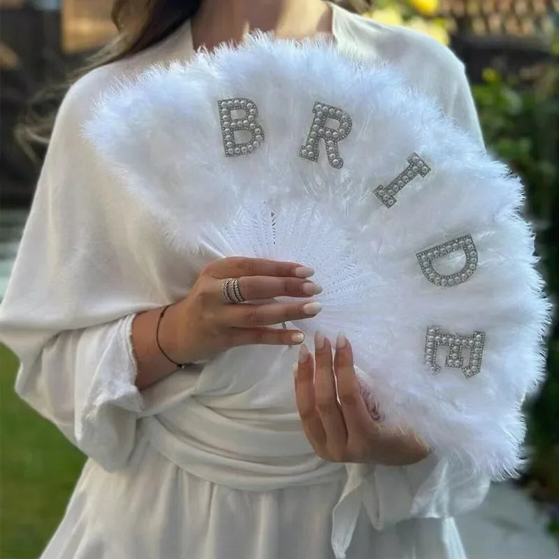 Elegant Bride Pearl Feather Fan