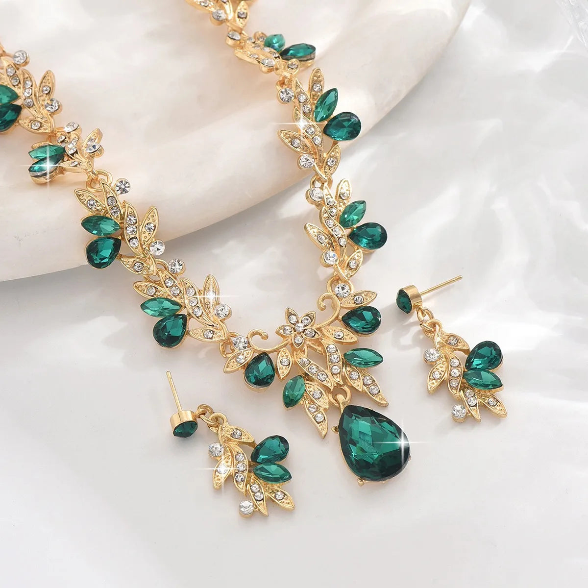 Bridal Costume Jewellery Set Leaf Pendant and Earrings