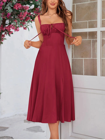 Midi Corset Dress Flowy Slit Lace Up Prom Style Summer Dress  Satin & Sox