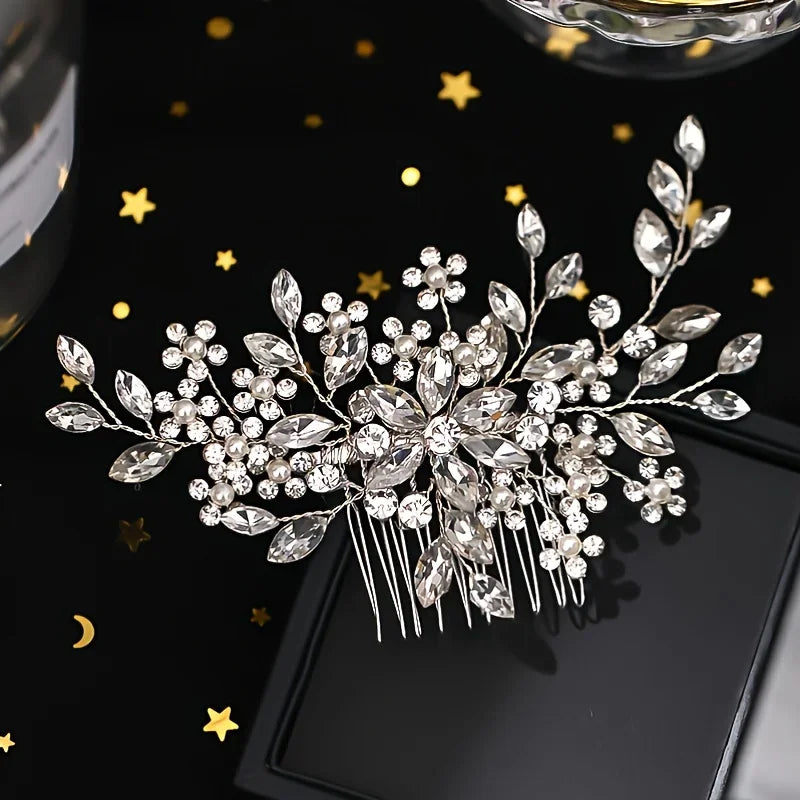 Bridal Rhinestone Flower Pearl Hair Comb Pin