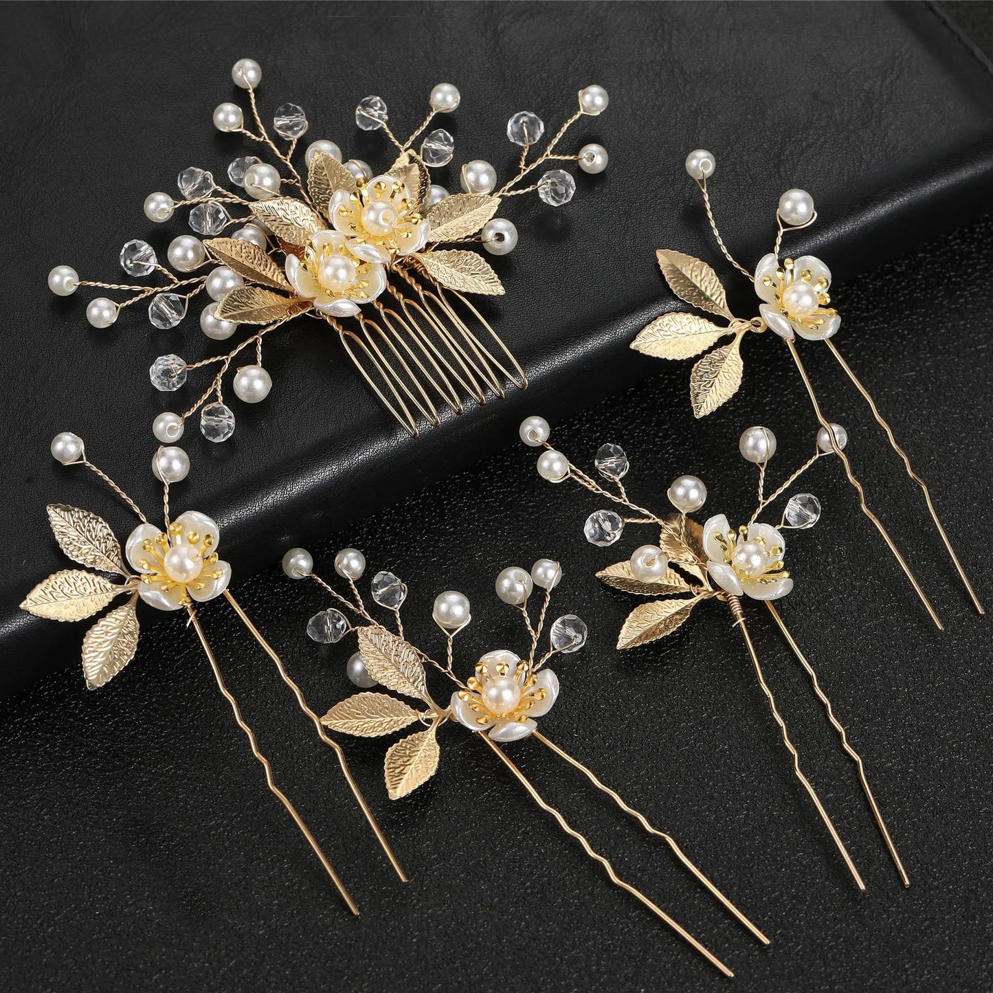 Handmade Bridal Pearls Hair Combs With Leaves 5pcs