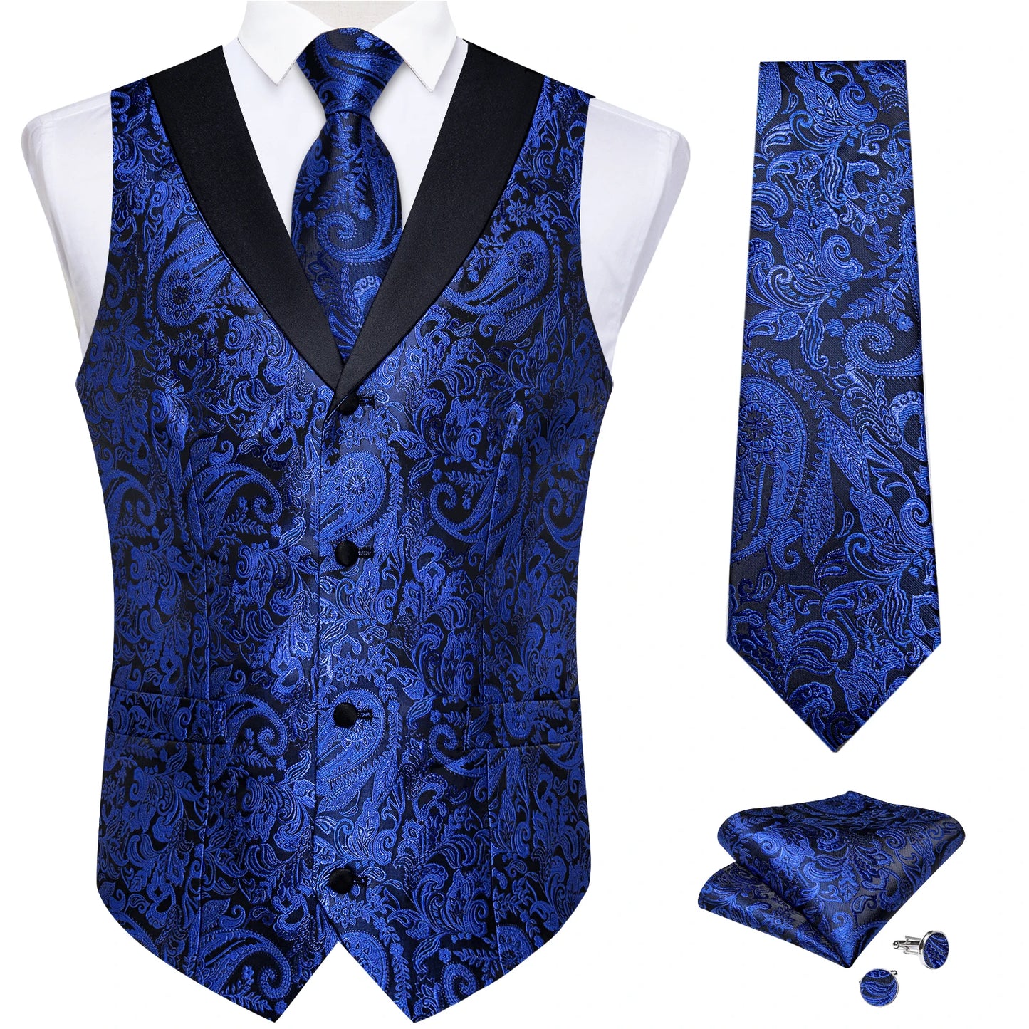 Men's Paisley Silk Waistcoat Matching Tie and Cufflinks