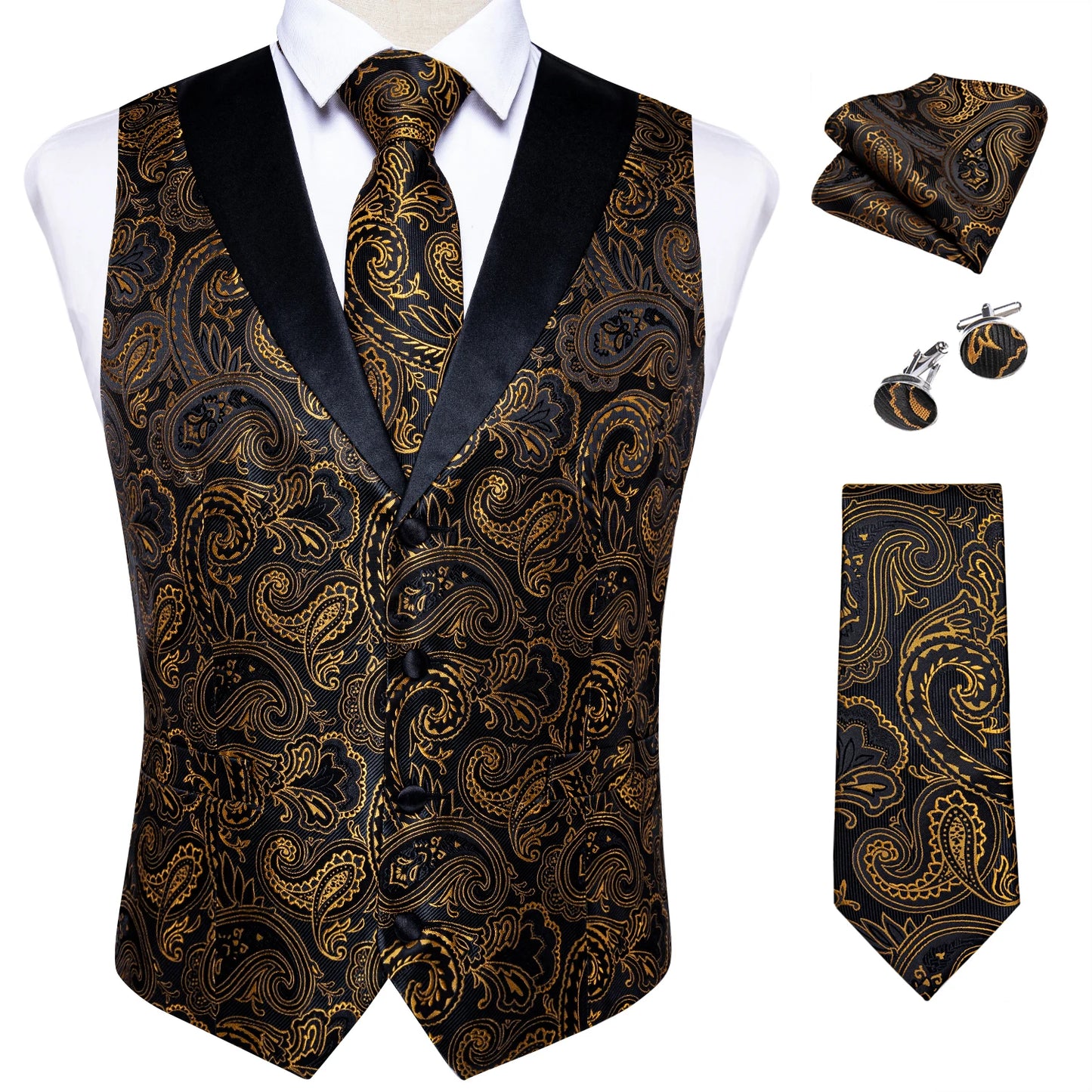 Men's Paisley Silk Waistcoat Matching Tie and Cufflinks