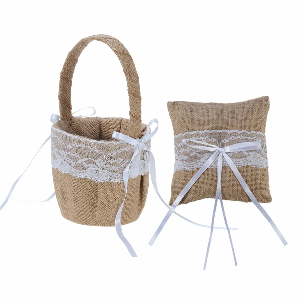 Ring Bearer Pillow and Flower Basket with Lace Flower Trim