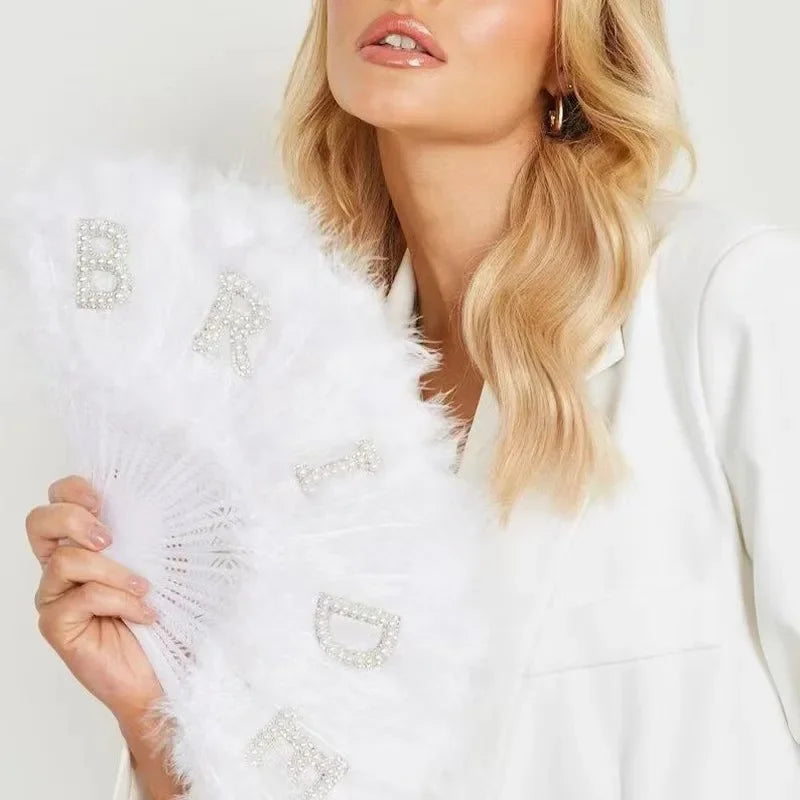 Elegant Bride Pearl Feather Fan
