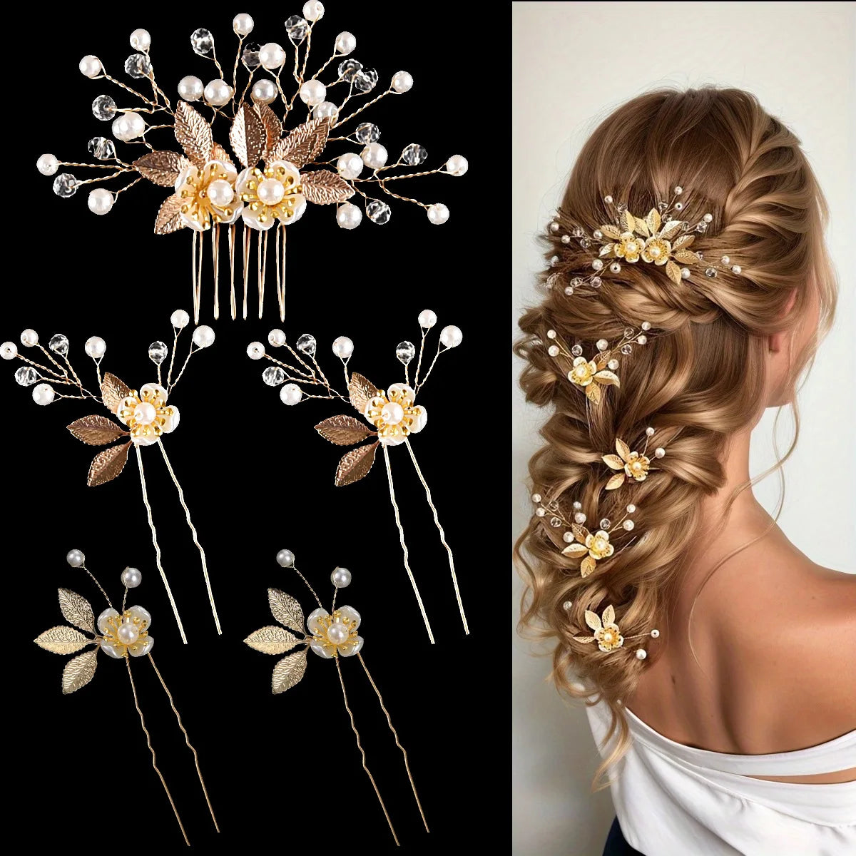 Handmade Bridal Pearls Hair Combs With Leaves 5pcs