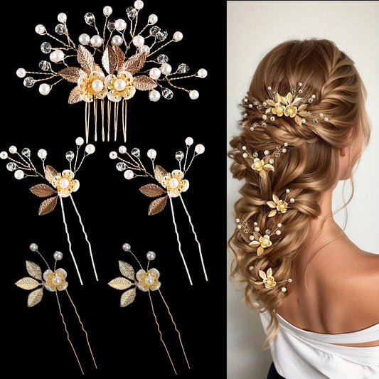 Handmade Bridal Pearls Hair Combs With Leaves 5pcs