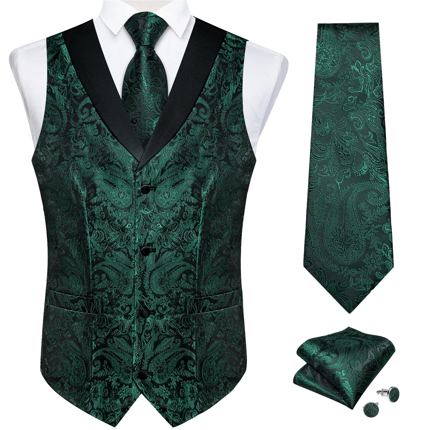 Men's Paisley Silk Waistcoat Matching Tie and Cufflinks