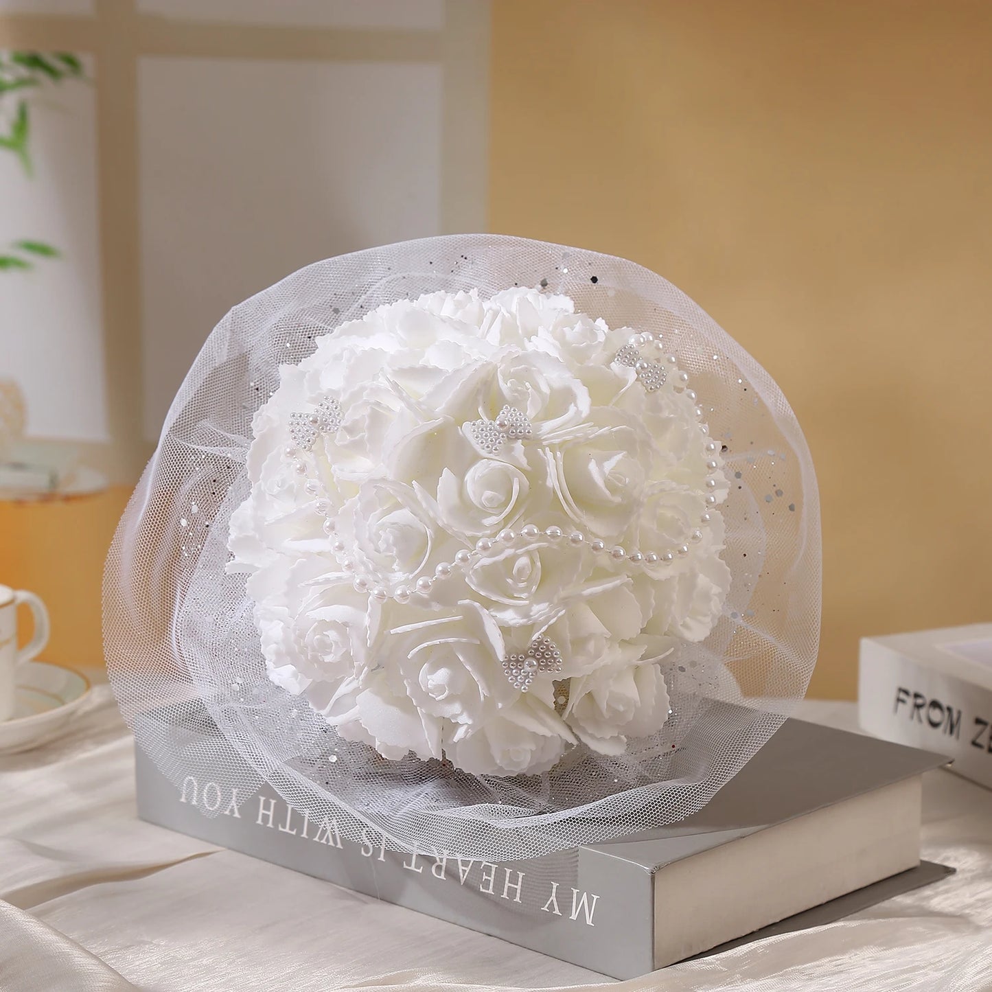 Pearls and White Roses Artificial Bouquet for Brides and Flower Girls