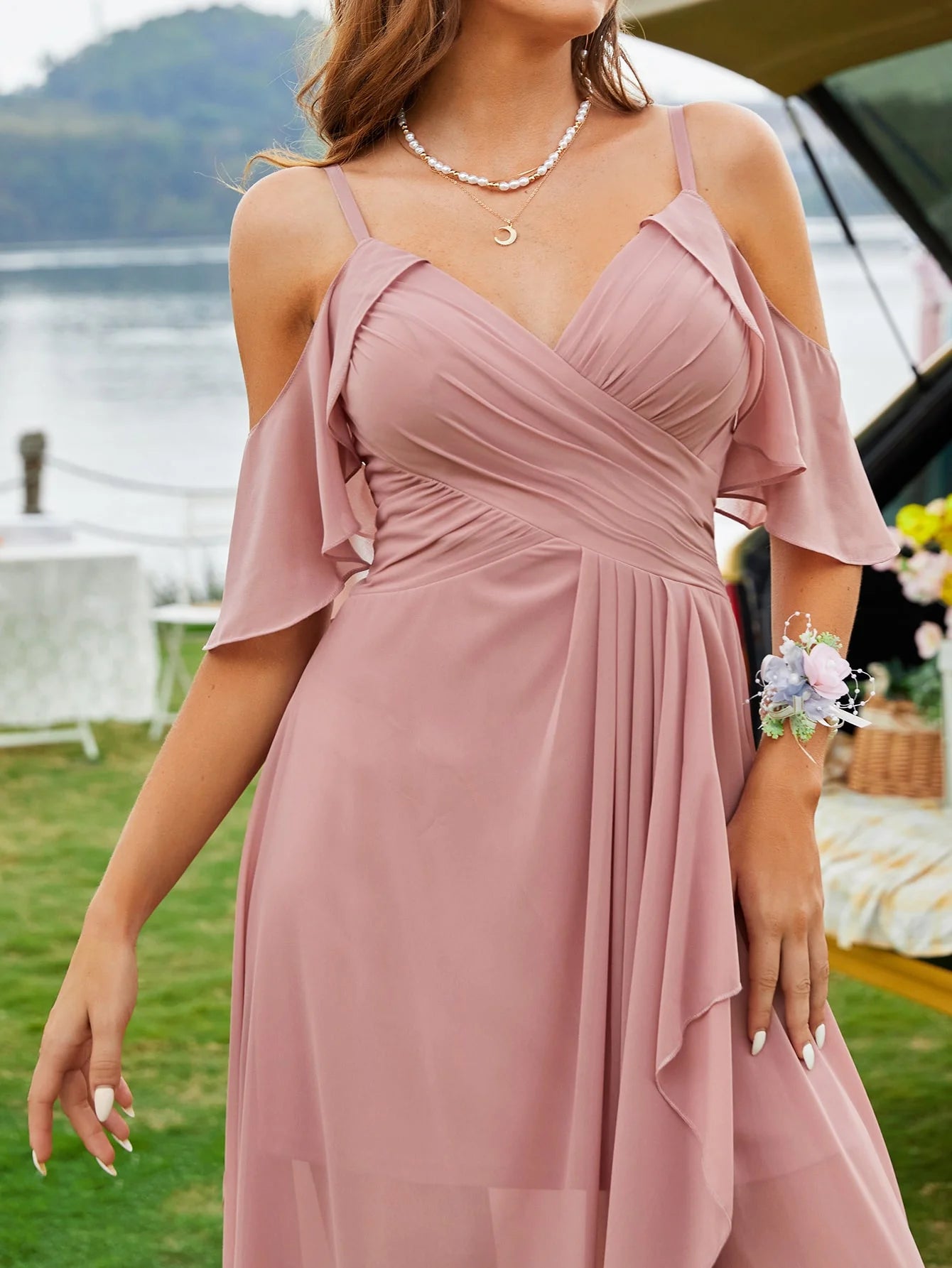 Chiffon Cold Shoulder Bridesmaid Dress
