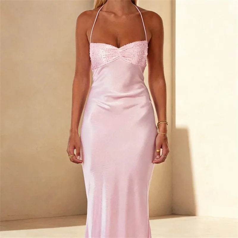 Sequin Halter Satin Dress