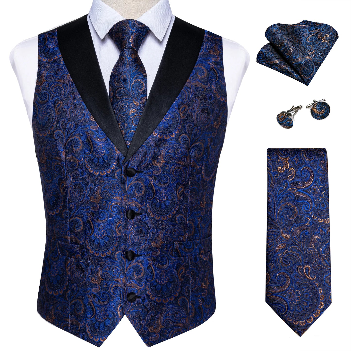 Men's Paisley Silk Waistcoat Matching Tie and Cufflinks