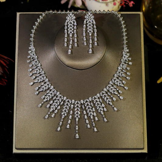 Platinum Plated Fringe Zirconia Necklace Earrings Set
