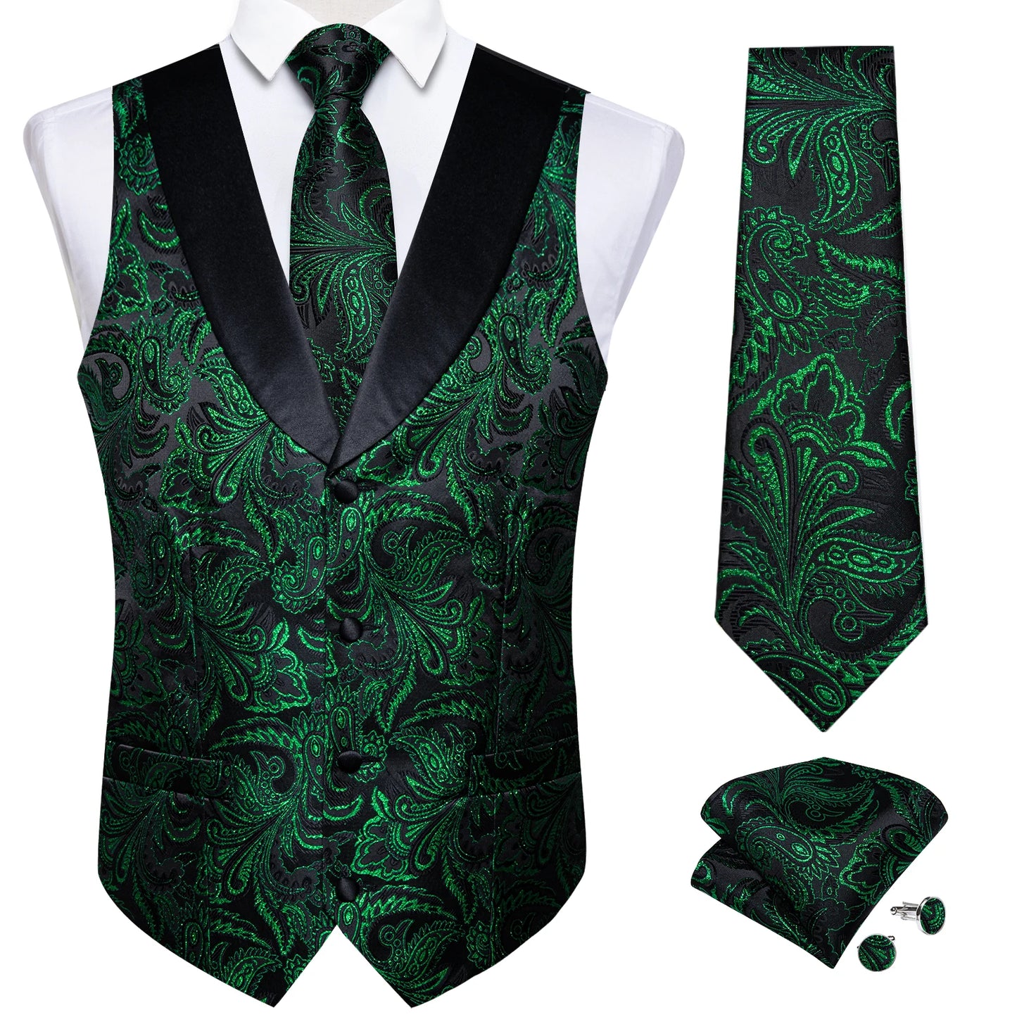 Men's Paisley Silk Waistcoat Matching Tie and Cufflinks