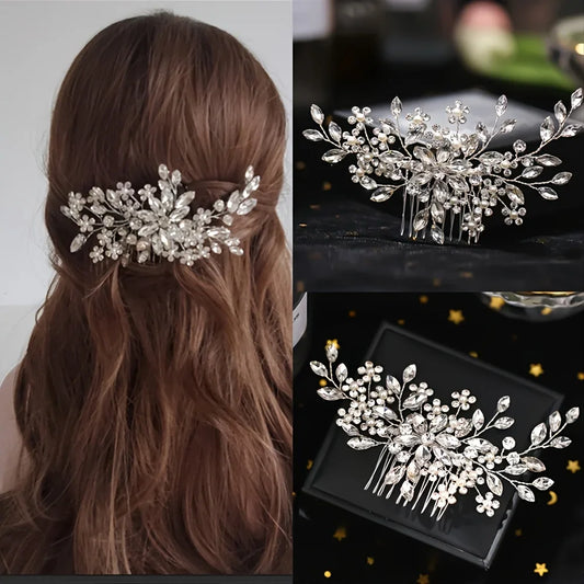 Bridal Rhinestone Flower Pearl Hair Comb Pin