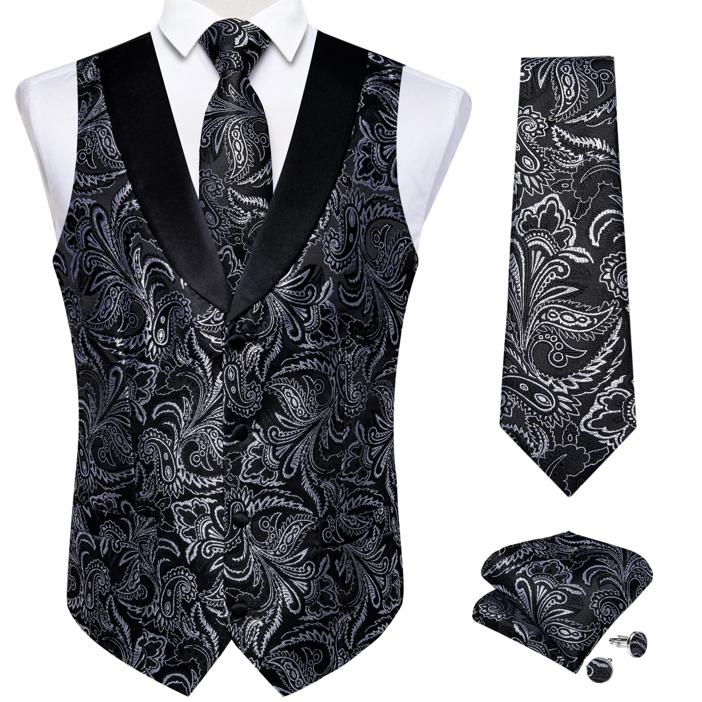Men's Paisley Silk Waistcoat Matching Tie and Cufflinks