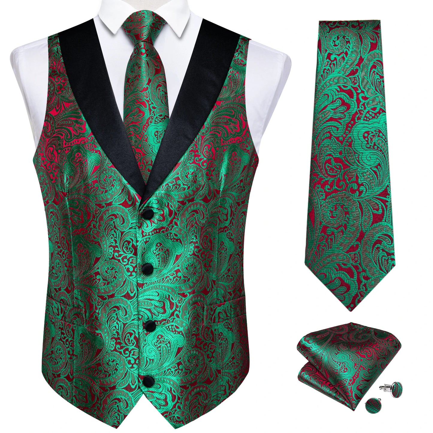 Men's Paisley Silk Waistcoat Matching Tie and Cufflinks