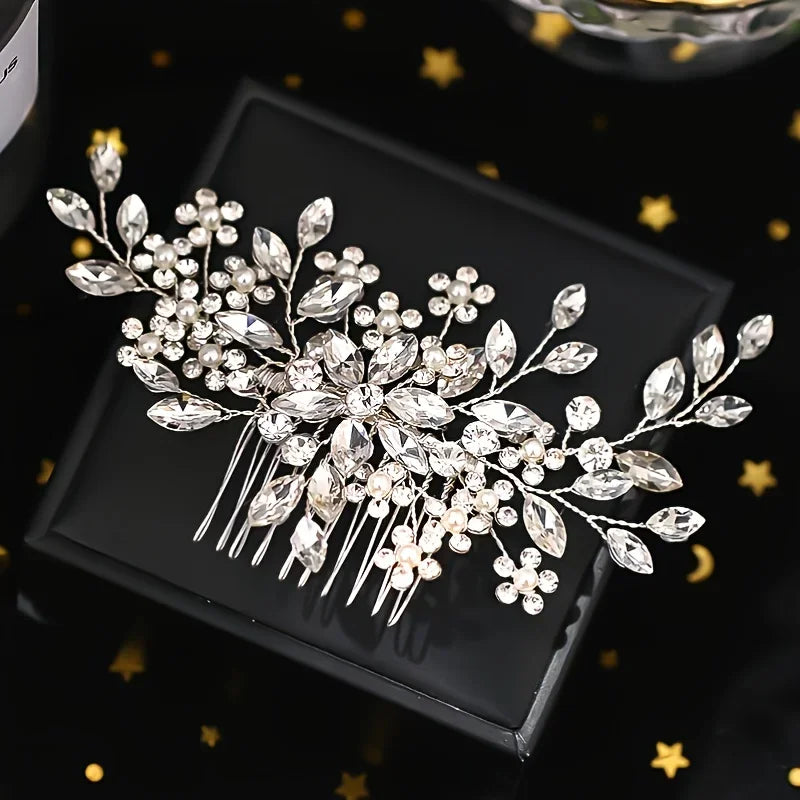 Bridal Rhinestone Flower Pearl Hair Comb Pin