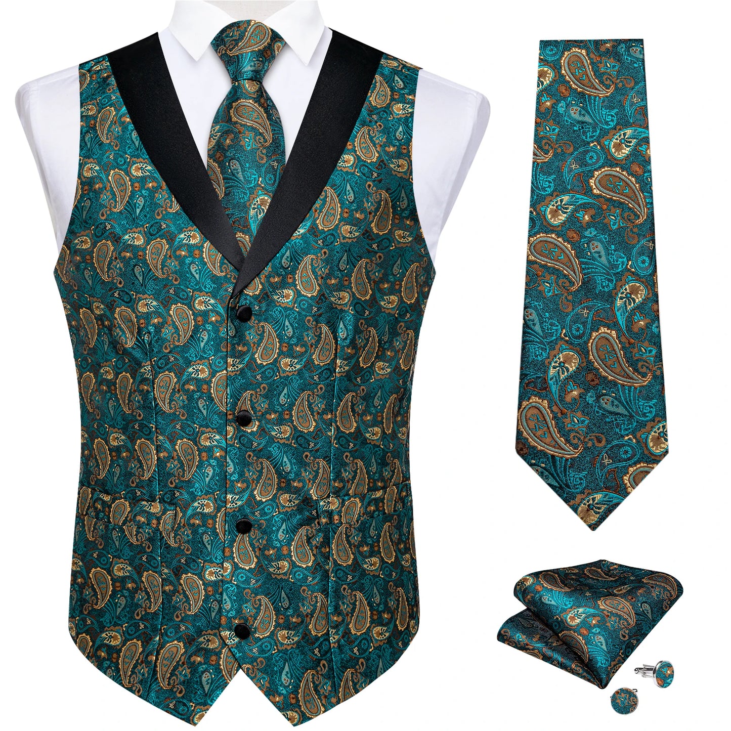 Men's Paisley Silk Waistcoat Matching Tie and Cufflinks